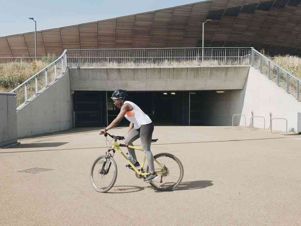 practicing my ready position on the mountain bike
