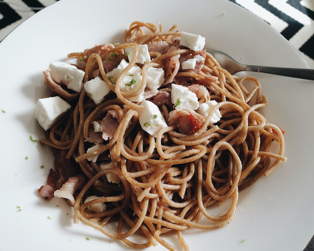 Spaghetti with Bacon, Chilli, Feta and Basil