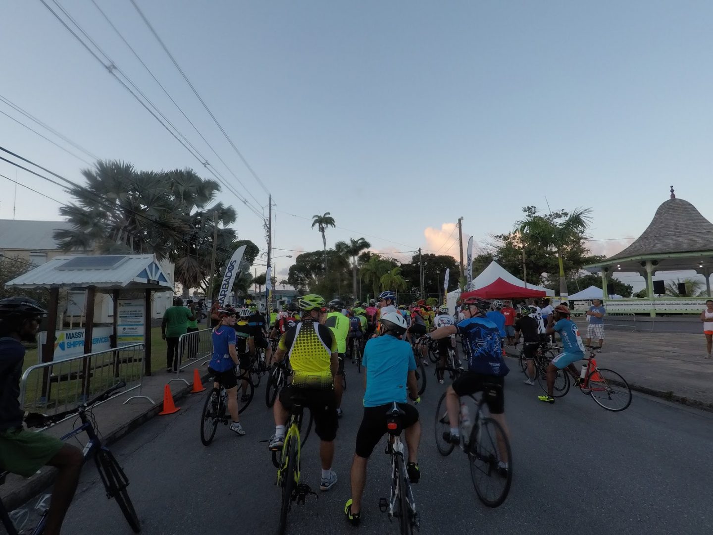 People on bikes at starting line of Barbados Cycling Festival 